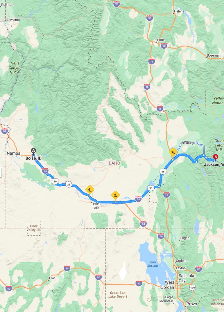driving from Boise, Idaho to JacksonWyoming - map and route