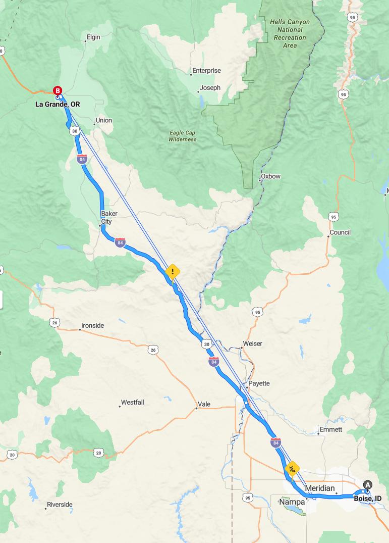 driving from Boise, Idaho to La GrandeOregon - map and route