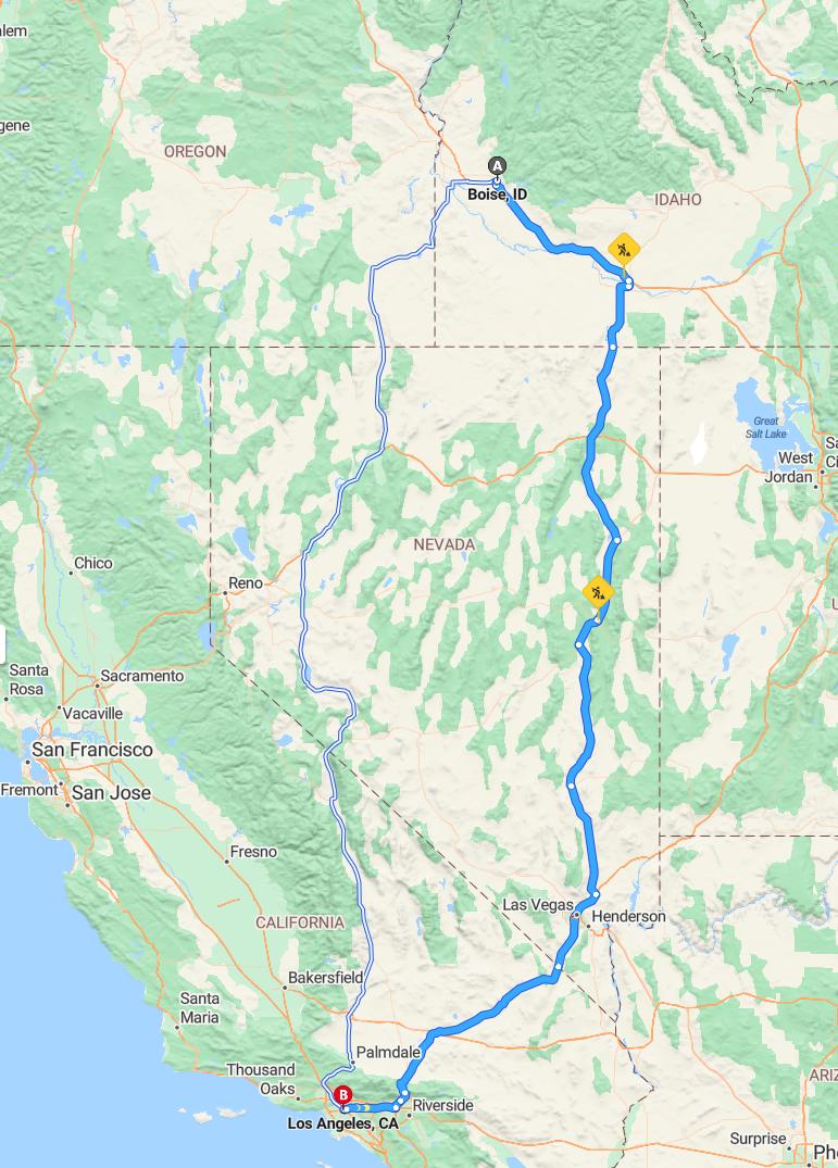 driving from Boise, Idaho to Los AngelesCalifornia - map and route