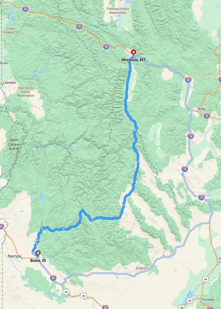 driving from Boise, Idaho to MissoulaMontana - map and route