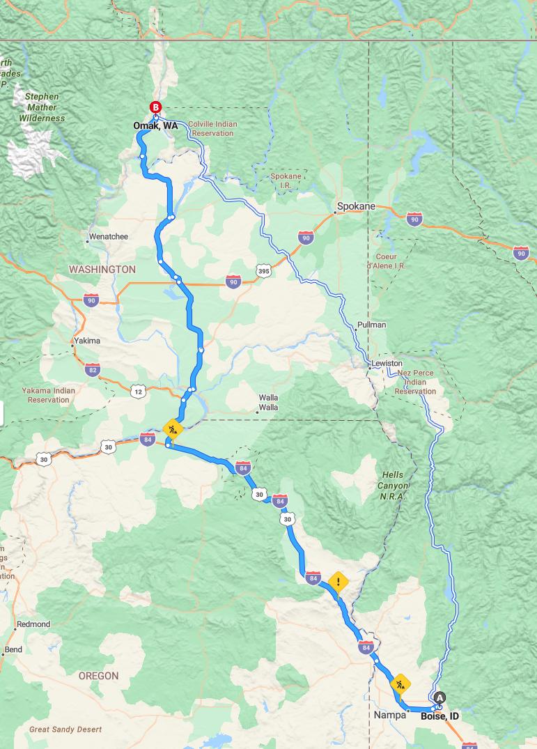 driving from Boise, Idaho to OmakWashington - map and route