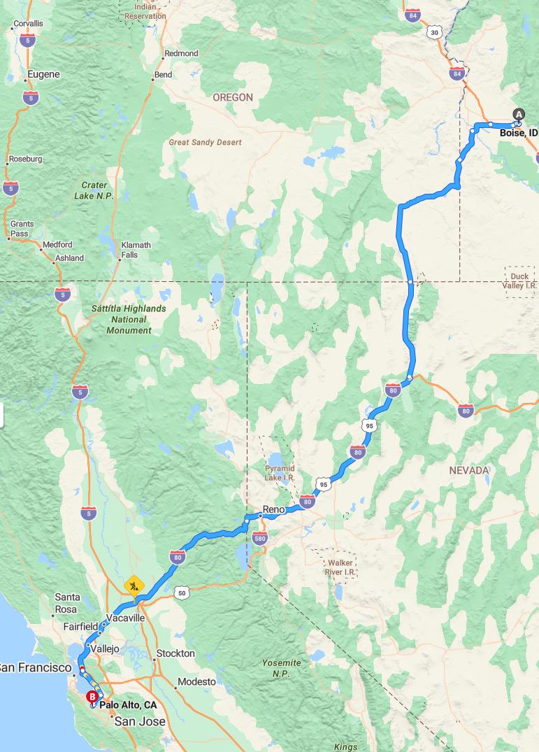 driving from Boise, Idaho to Palo AltoCalifornia - map and route