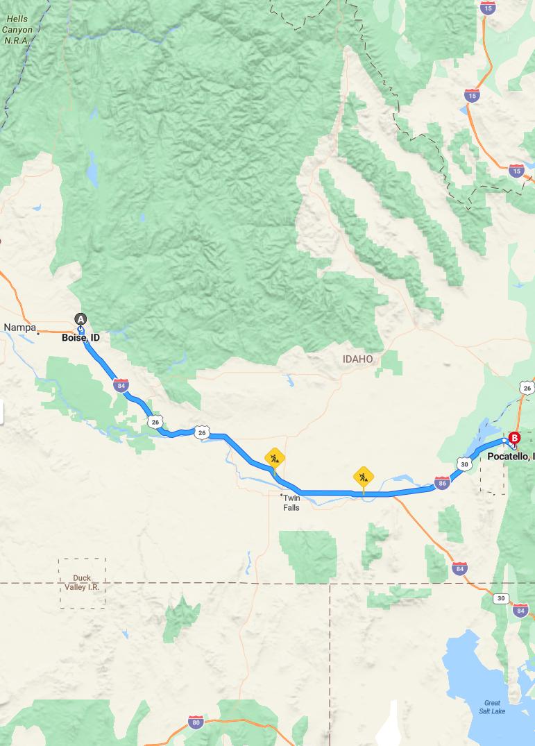 driving from Boise, Idaho to PocatelloIdaho - map and route