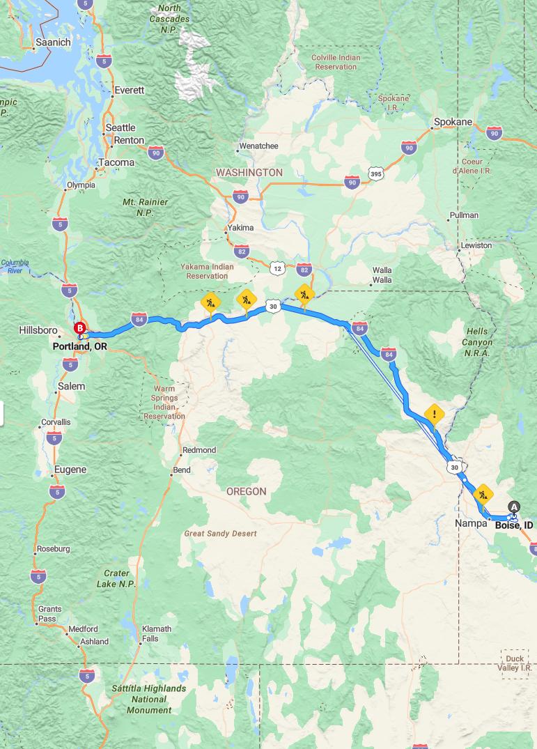 driving from Boise, Idaho to PortlandOregon - map and route