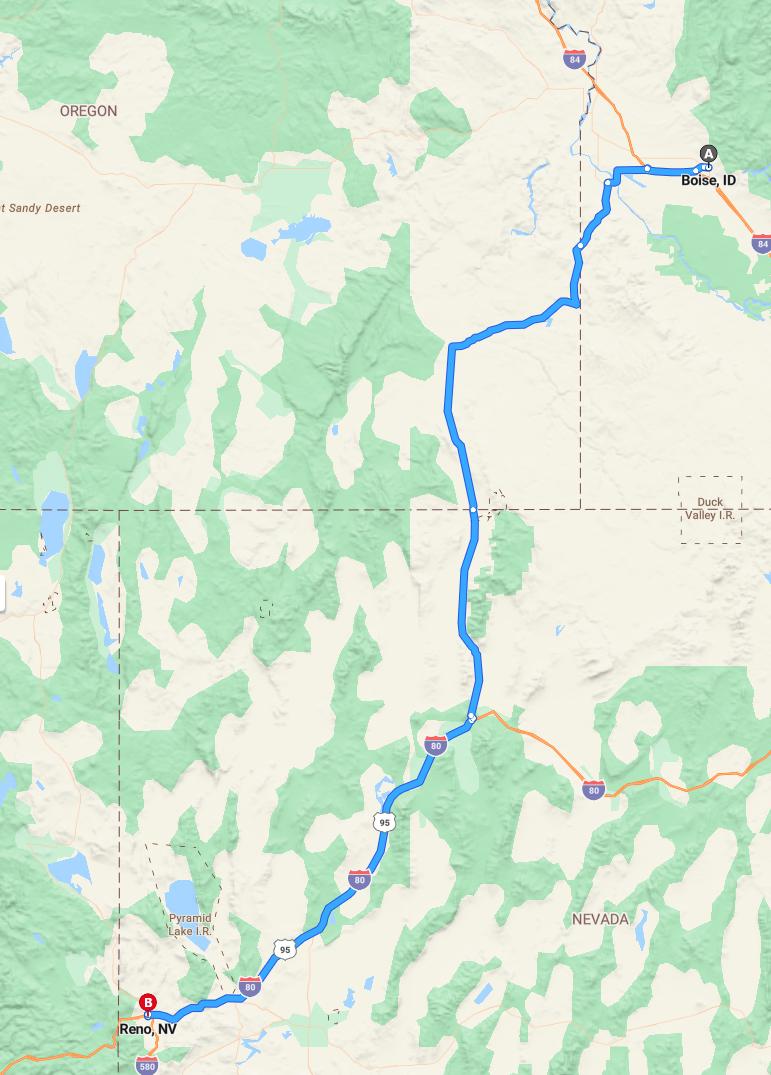 driving from Boise, Idaho to RenoNevada - map and route