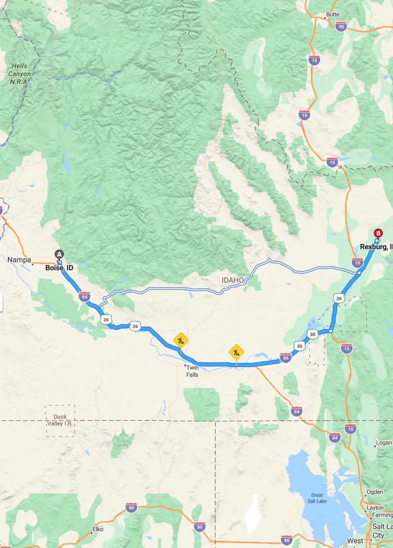 driving from Boise, Idaho to RexburgIdaho - map and route