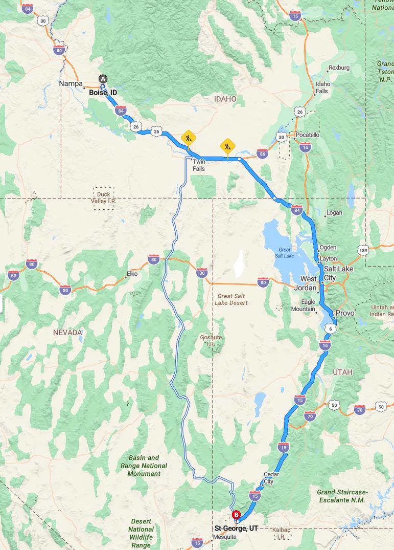 driving from Boise, Idaho to Saint GeorgeUtah - map and route