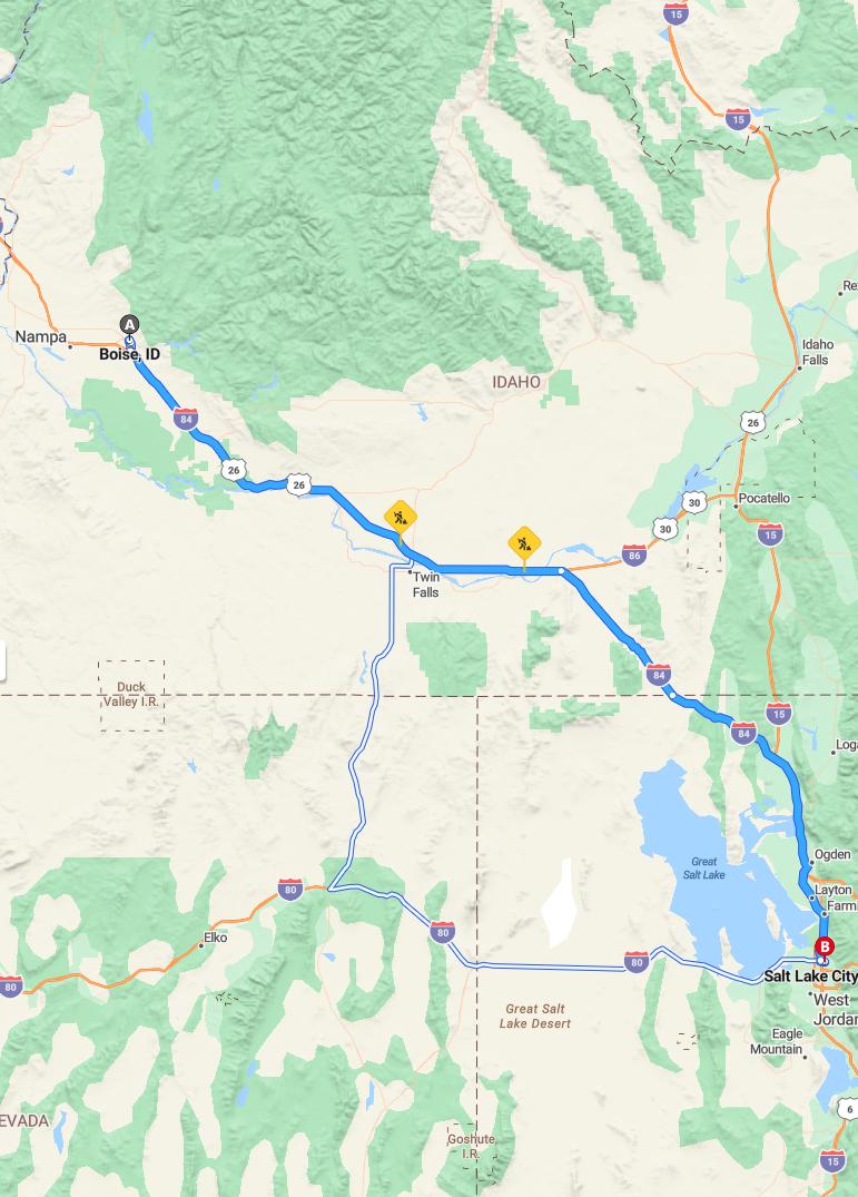 driving from Boise, Idaho to Salt Lake CityUtah - map and route