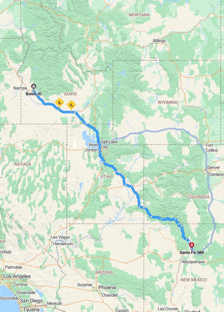 driving from Boise, Idaho to Santa FeNew Mexico - map and route