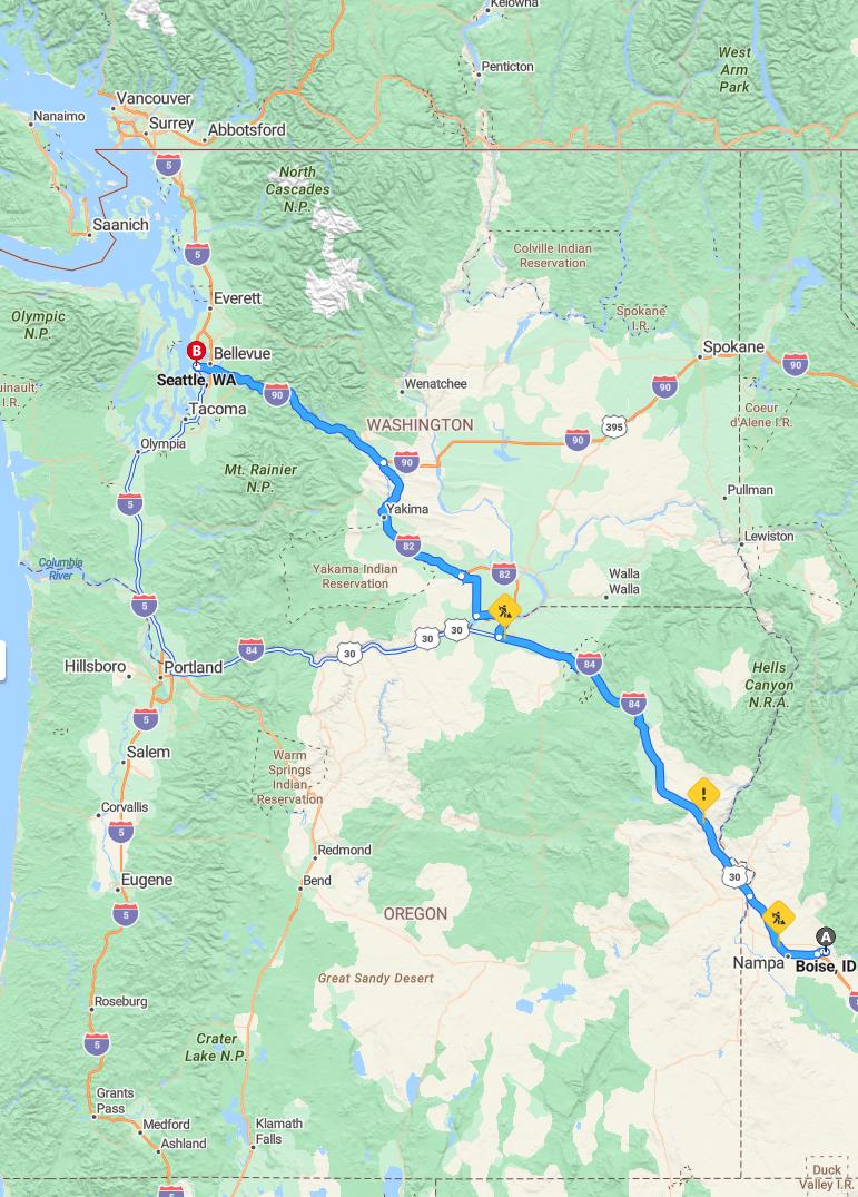 driving from Boise, Idaho to SeattleWashington - map and route