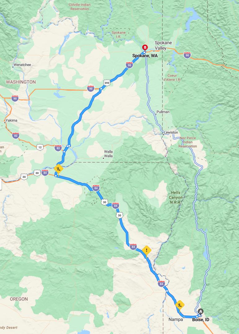 driving from Boise, Idaho to SpokaneWashington - map and route