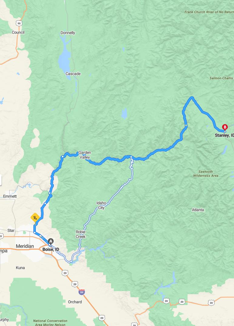 driving from Boise, Idaho to StanleyIdaho - map and route