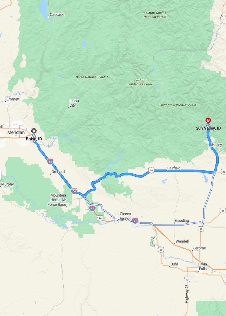 driving from Boise, Idaho to Sun ValleyIdaho - map and route