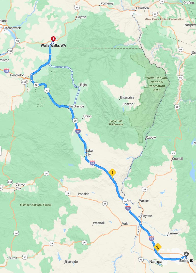driving from Boise, Idaho to Walla WallaWashington - map and route