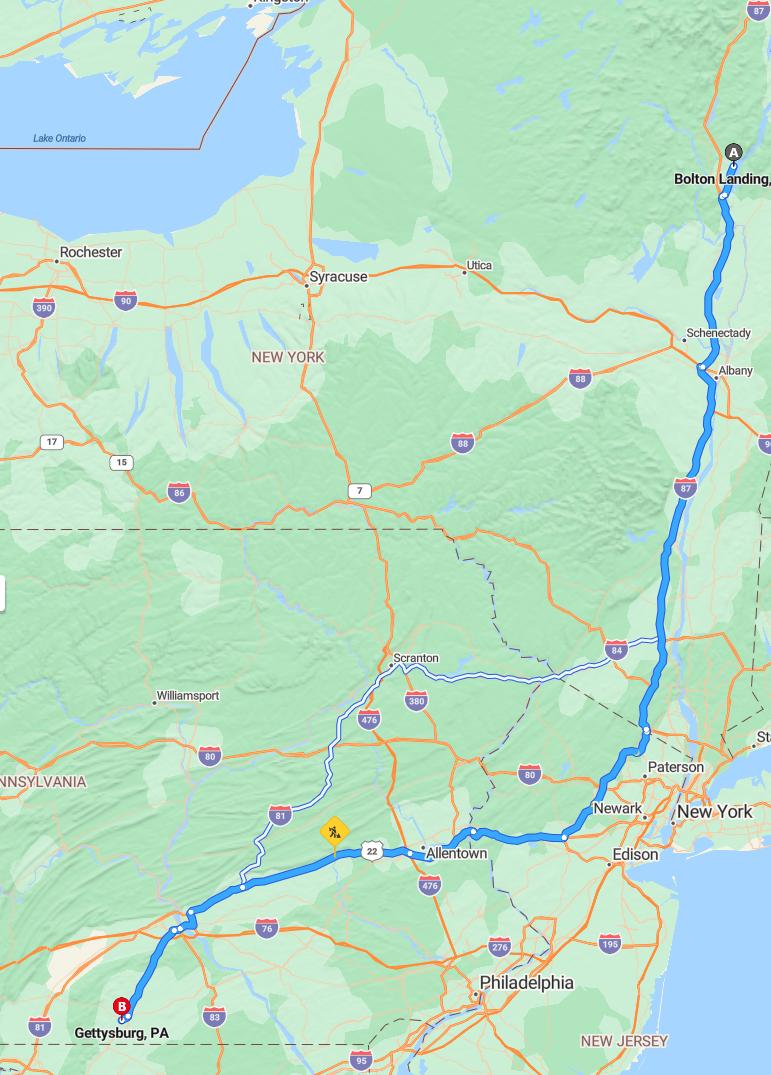 driving from Bolton Landing, New York to GettysburgPennsylvania - map and route