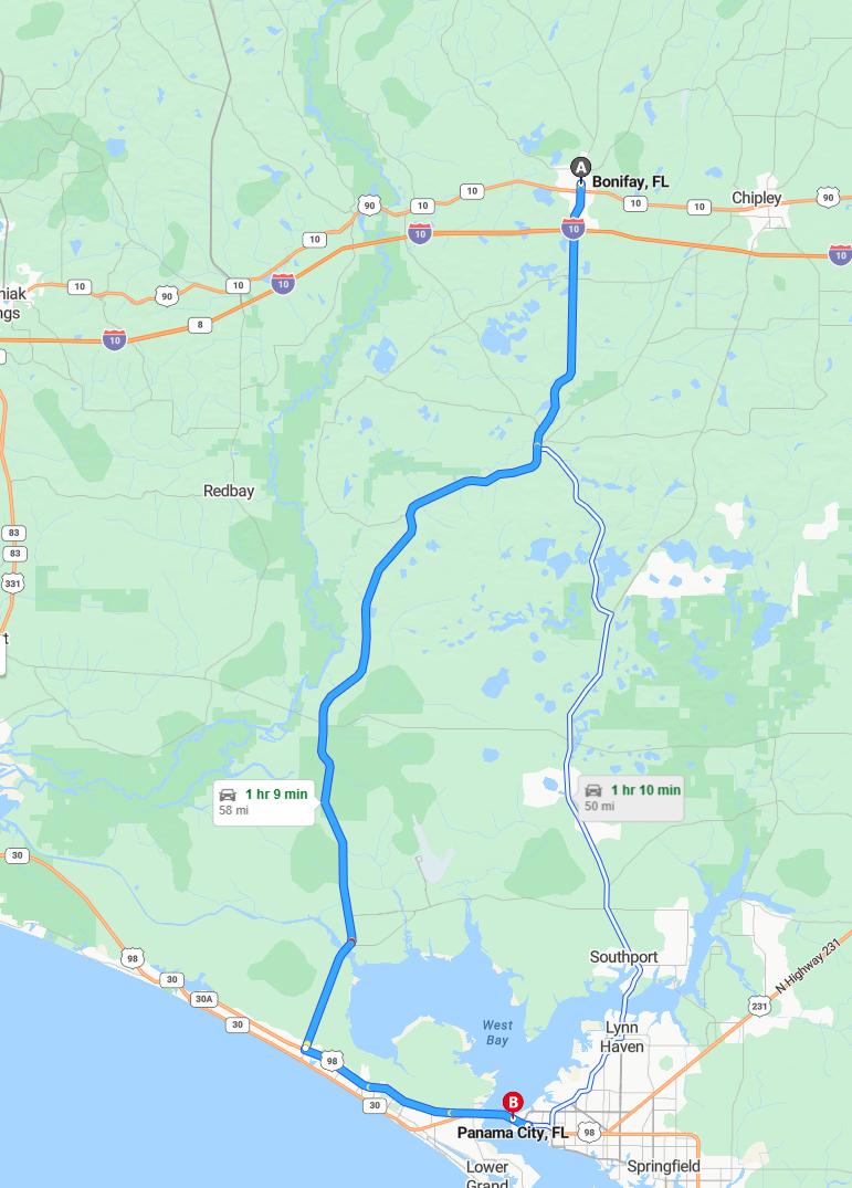 driving from Bonifay, Florida to Panama CityFlorida - map and route