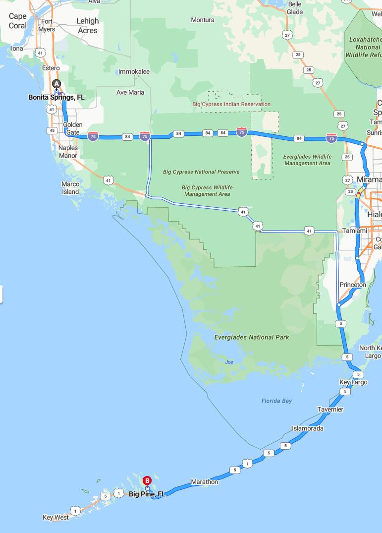 driving from Bonita Springs, Florida to Big Pine KeyFlorida - map and route