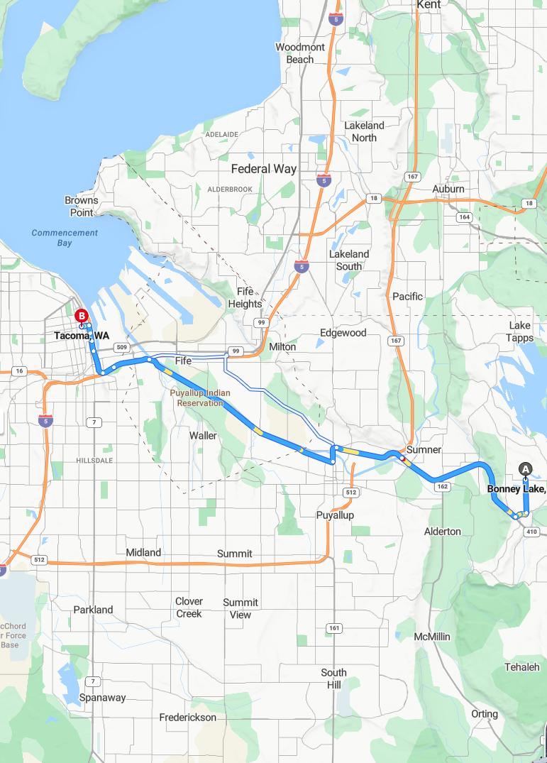 driving from Bonney Lake, Washington to TacomaWashington - map and route