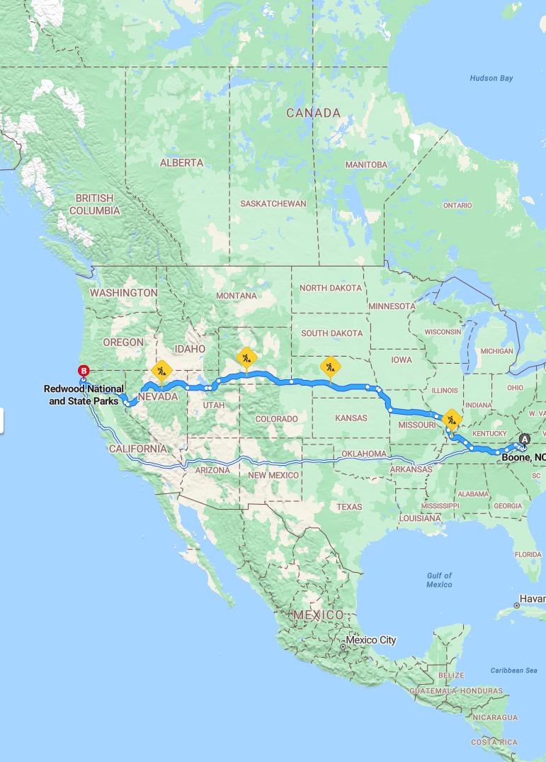 driving from Boon, North Carolina to Redwood National ForestCalifornia - map and route