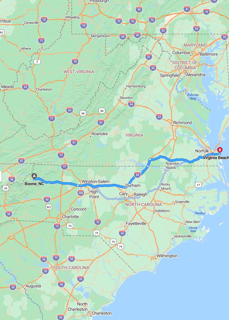 driving from Boone, North Carolina to Virginia BeachVirginia - map and route