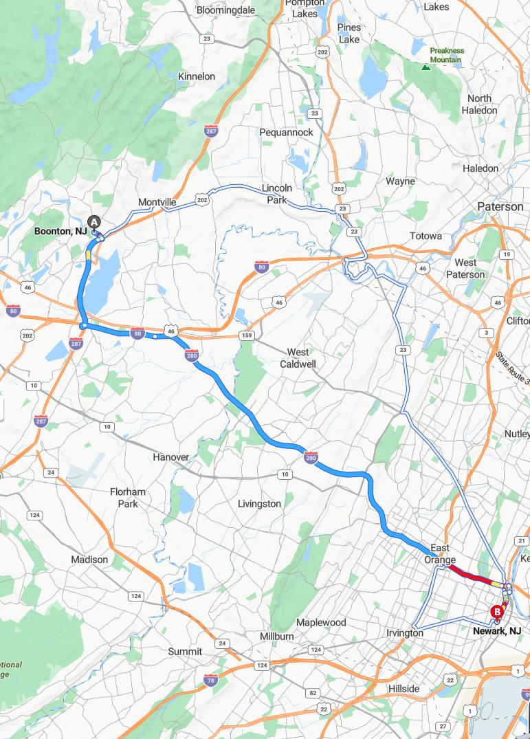 driving from Boonton, New Jersey to NewarkNew Jersey - map and route