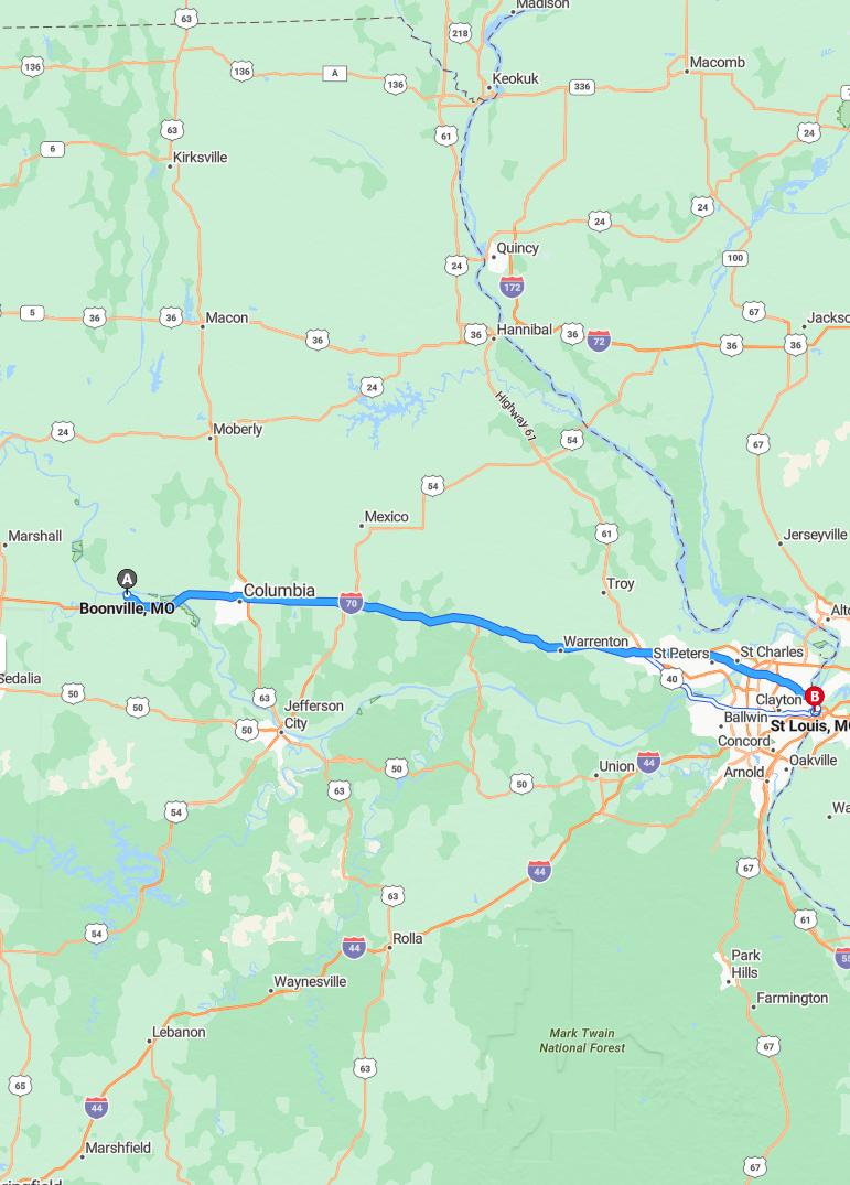 driving from Boonville, Missouri to Saint LouisMissouri - map and route