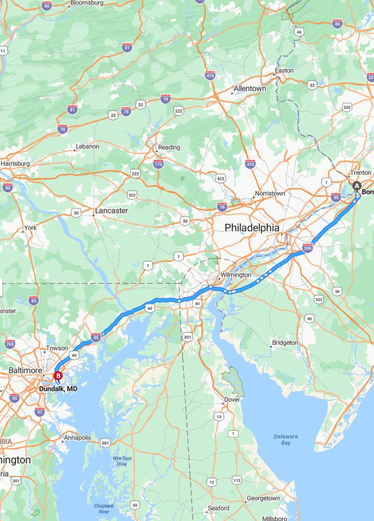 driving from Bordentown, New Jersey to DundalkMaryland - map and route