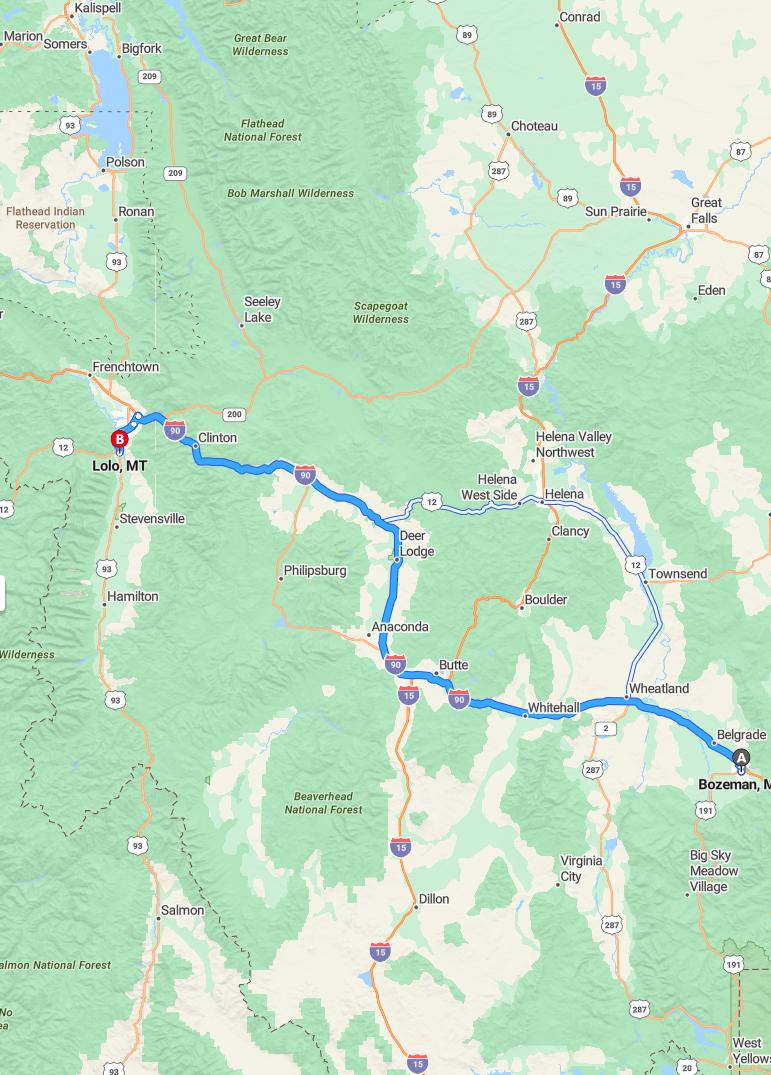 driving from Boseman, Montana to LoloMontana - map and route