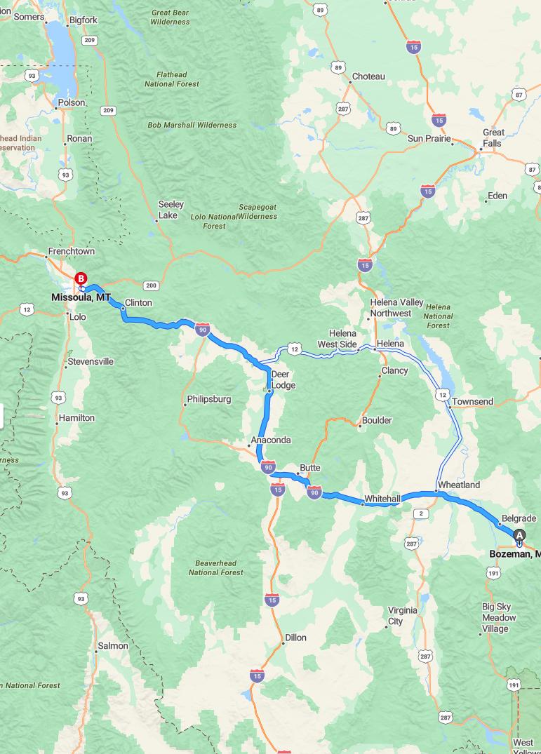 driving from Boseman, Montana to MissoulaMontana - map and route
