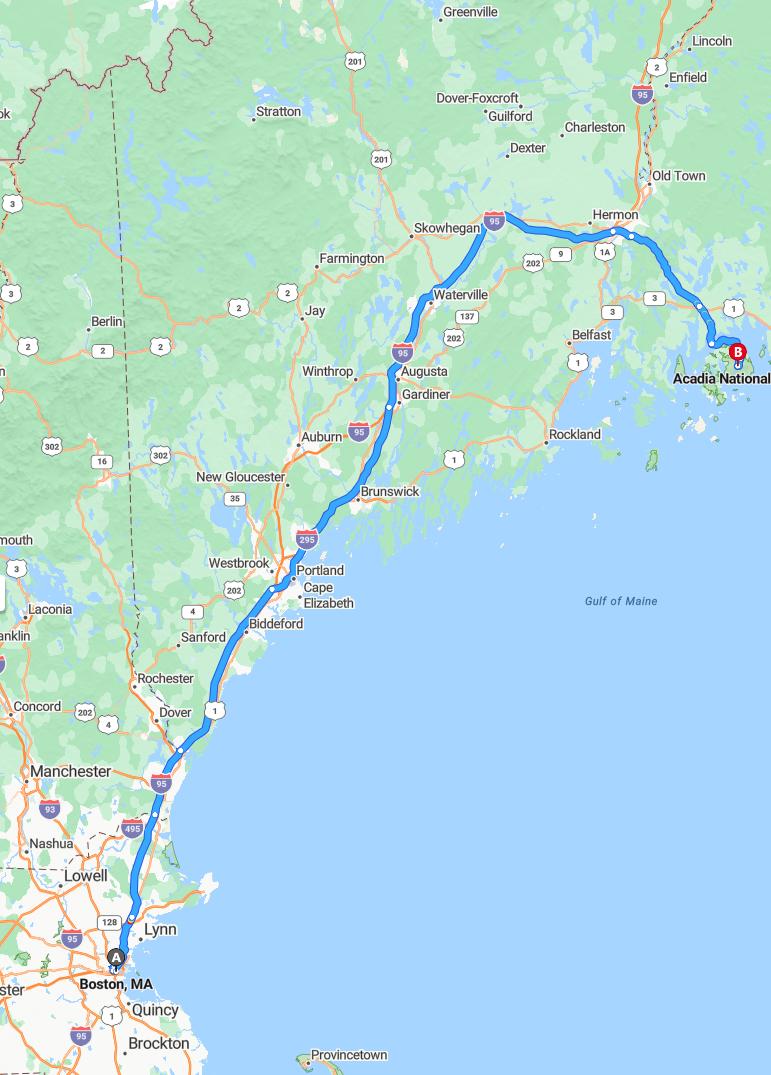 driving from Boston, Massachusetts to AcadiaMaine - map and route