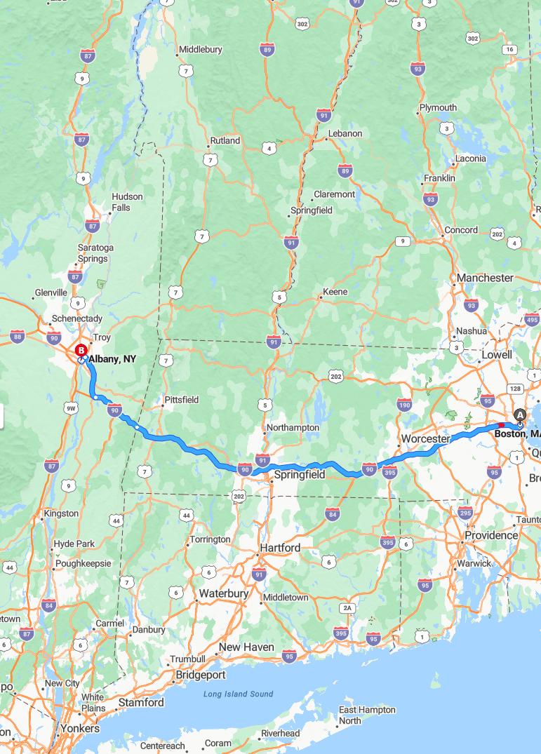 driving from Boston, Massachusetts to AlbanyNew York - map and route