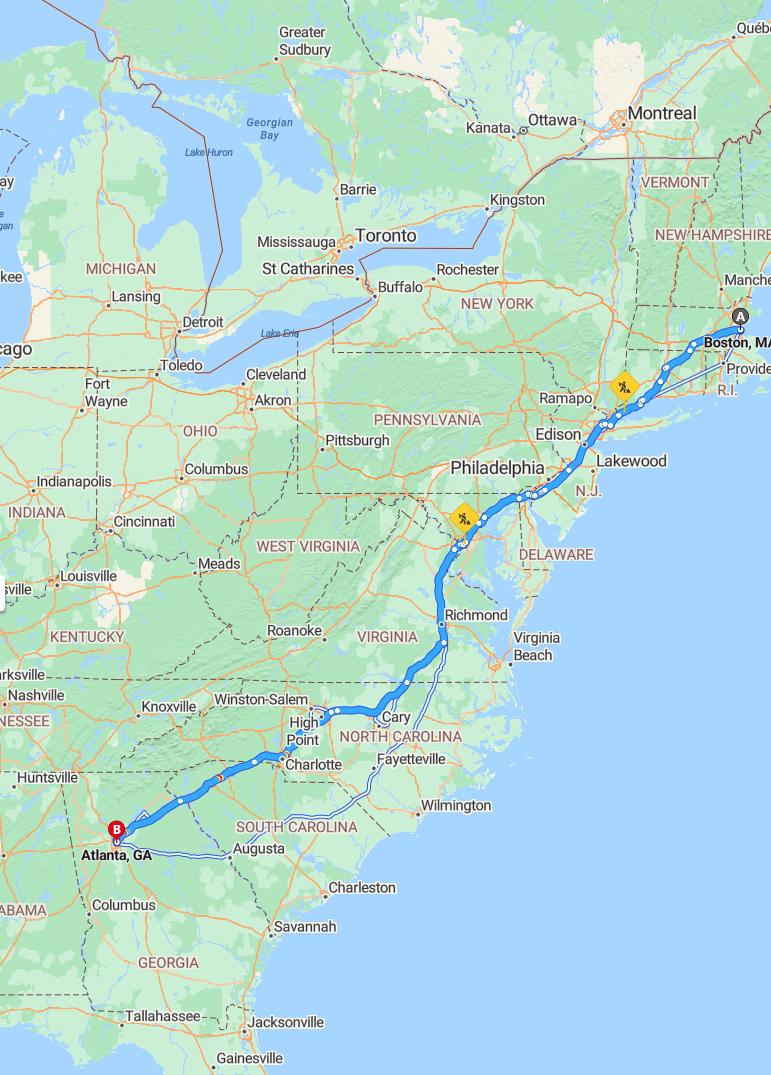 driving from Boston, Massachusetts to AtlantaGeorgia - map and route