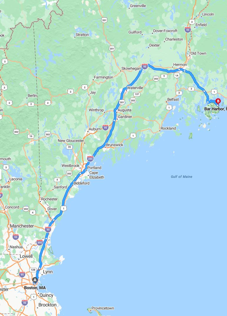 driving from Boston, Massachusetts to Bar HarborMaine - map and route