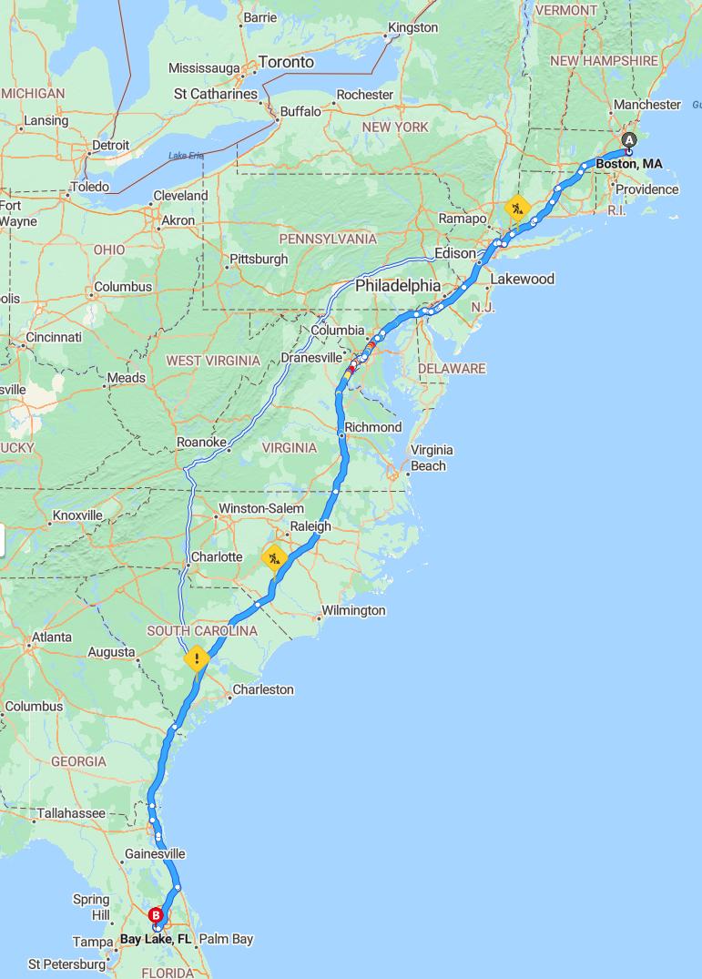 driving from Boston, Massachusetts to Bay LakeFlorida - map and route