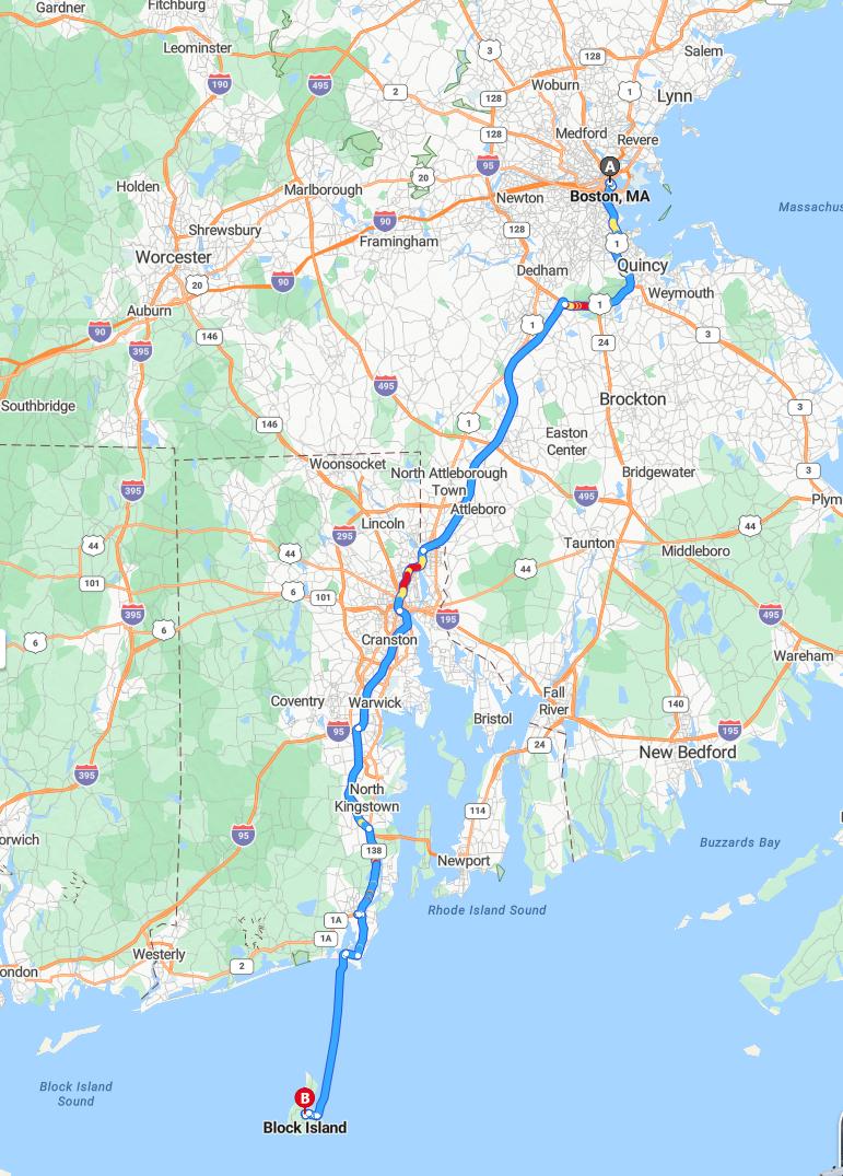 driving from Boston, Massachusetts to Block IslandRhode Island - map and route