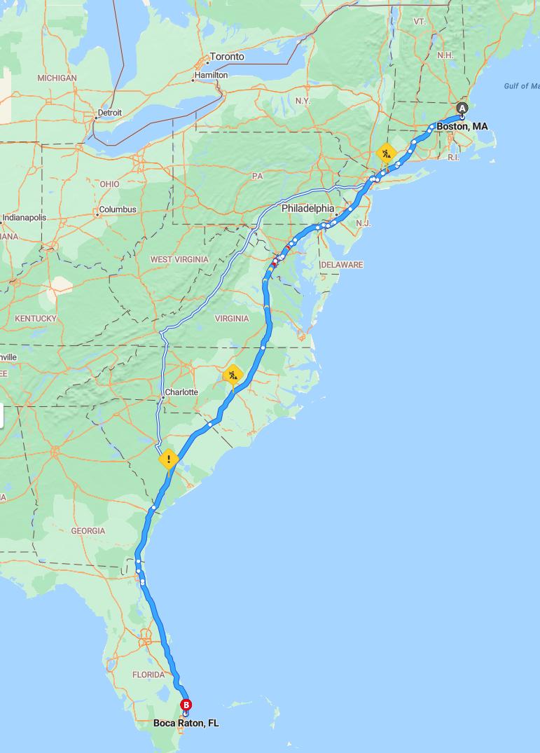driving from Boston, Massachusetts to Boca RatonFlorida - map and route
