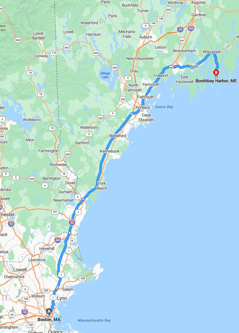 driving from Boston, Massachusetts to Boothbay HarborMaine - map and route