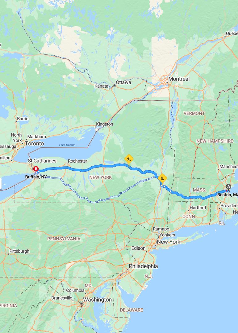 driving from Boston, Massachusetts to BuffaloNew York - map and route