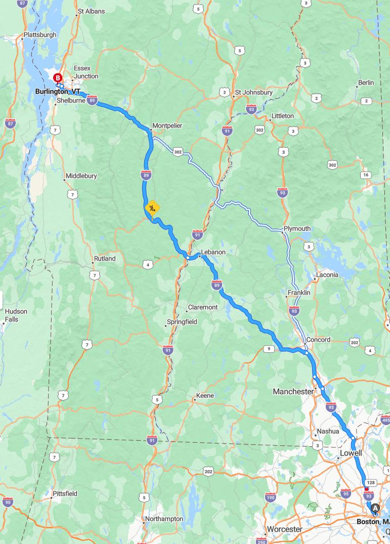 driving from Boston, Massachusetts to BurlingtonVermont - map and route