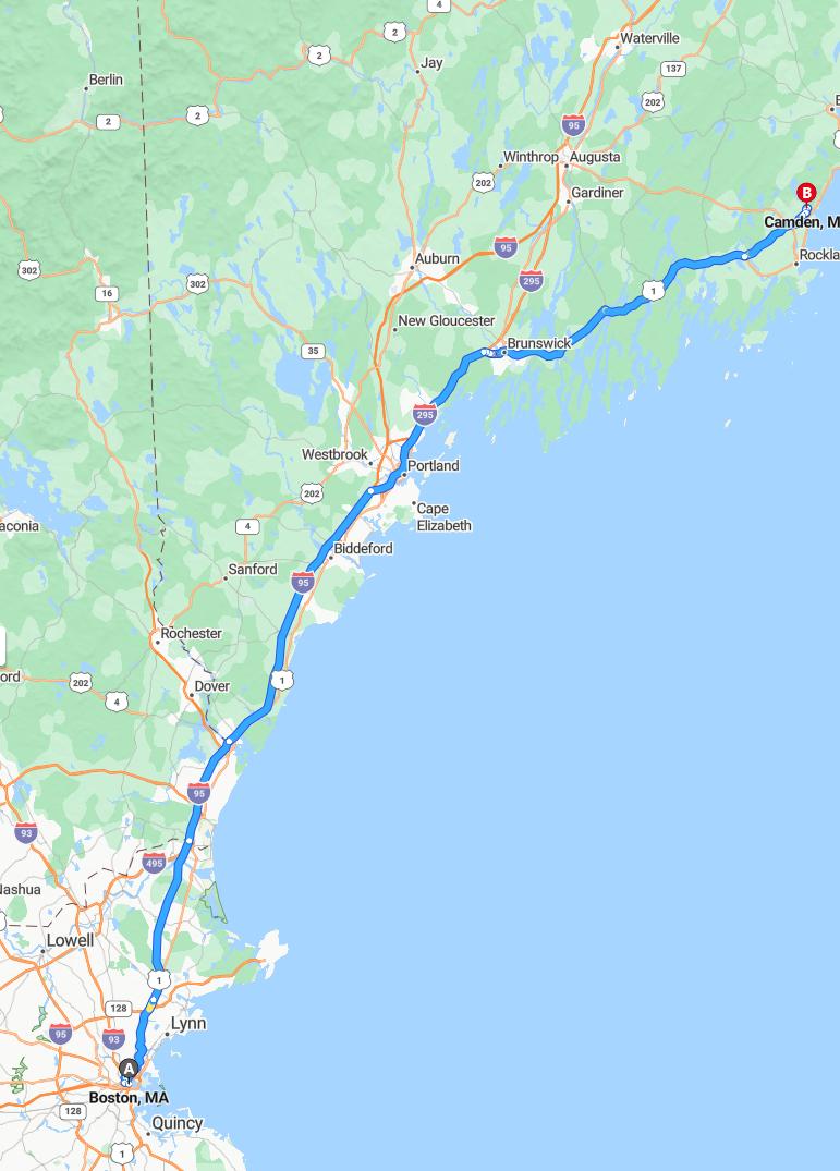 driving from Boston, Massachusetts to CamdenMaine - map and route
