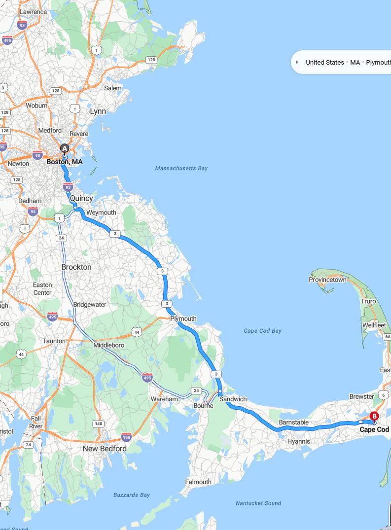 driving from Boston, Massachusetts to Cape CodMassachusetts - map and route