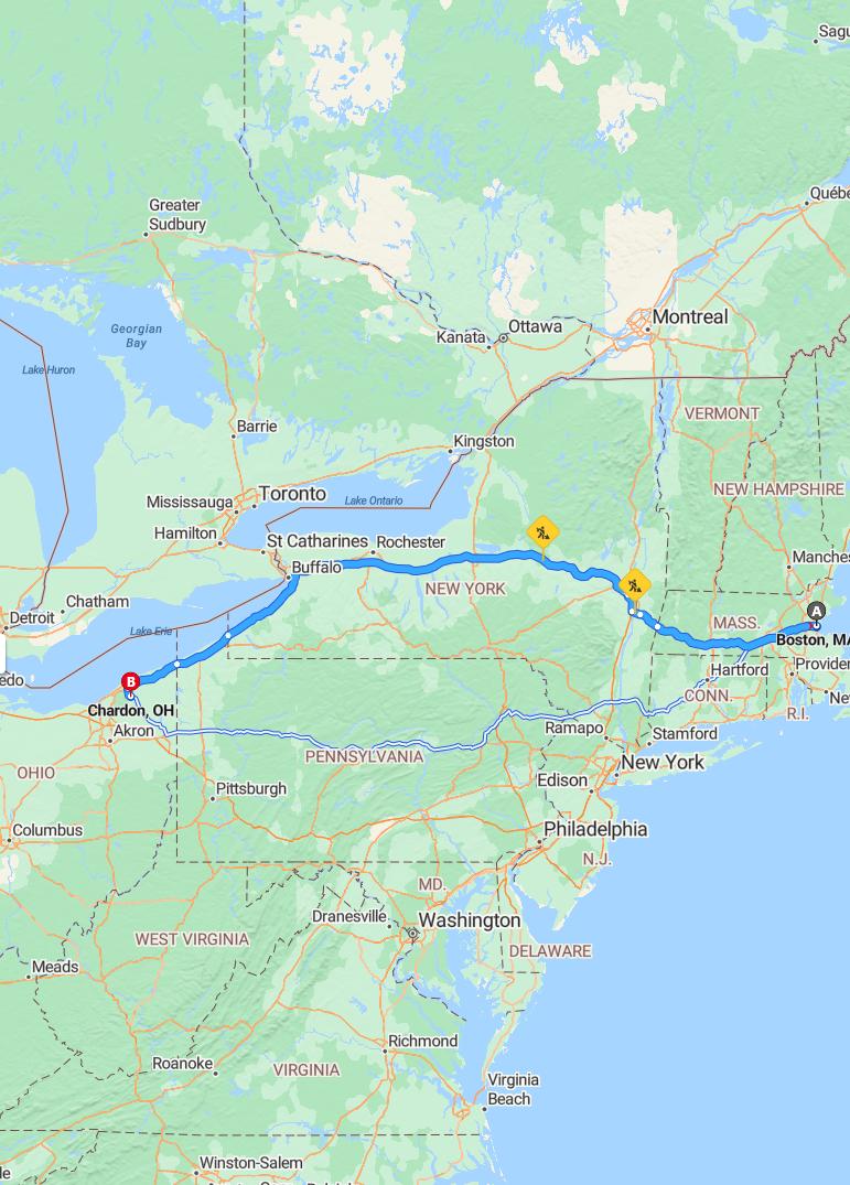 driving from Boston, Massachusetts to ChardonOhio - map and route