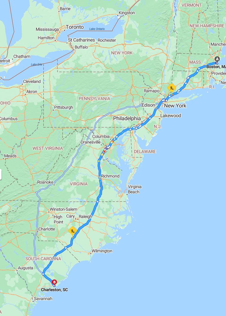 driving from Boston, Massachusetts to CharlestonSouth Carolina - map and route