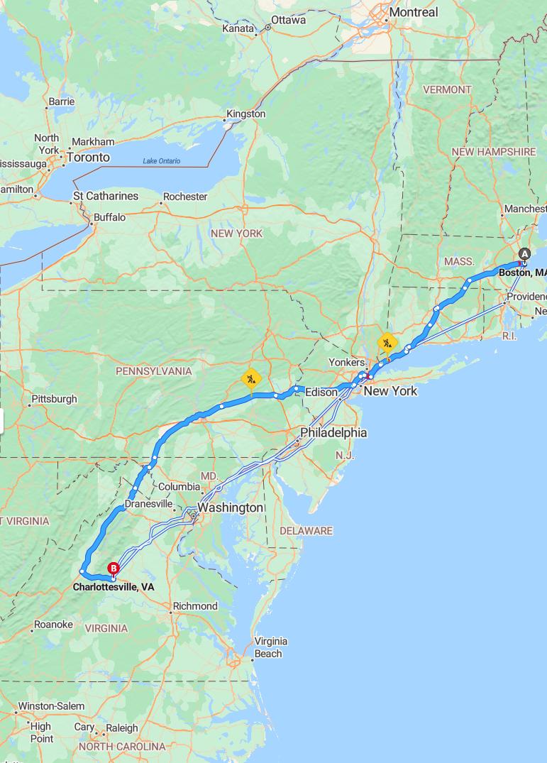 driving from Boston, Massachusetts to CharlottesvilleVirginia - map and route