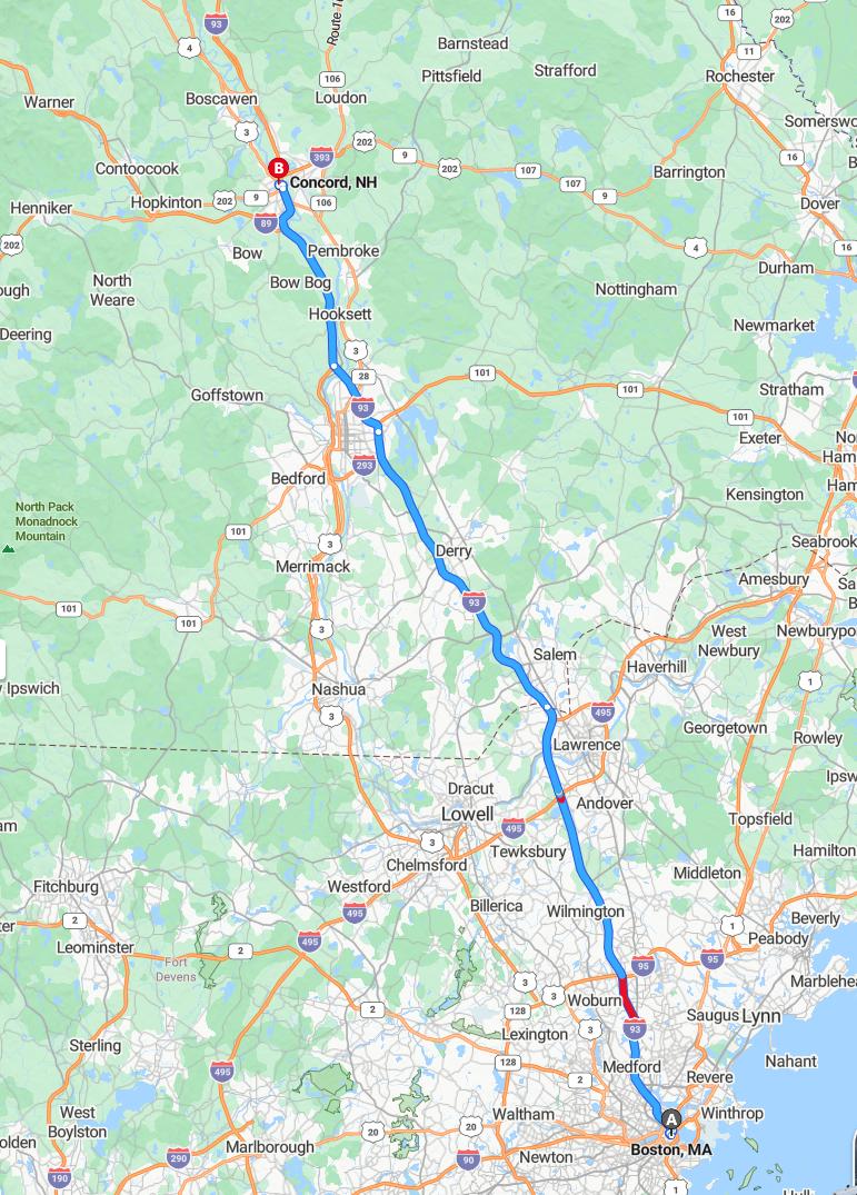 driving from Boston, Massachusetts to ConcordNew Hampshire - map and route