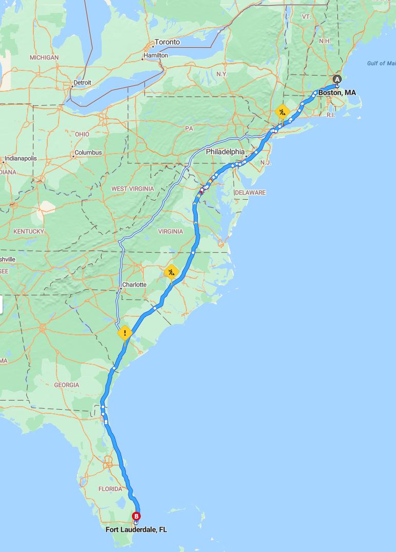 driving from Boston, Massachusetts to Fort LauderdaleFlorida - map and route