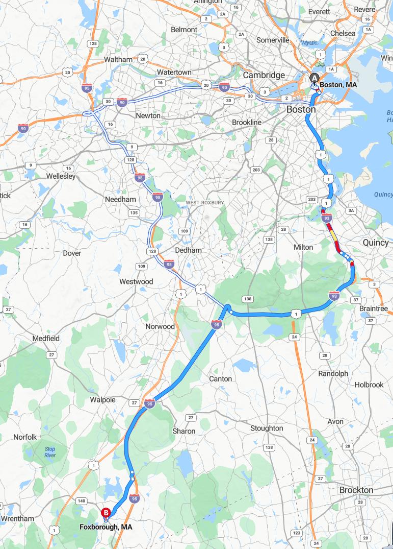 driving from Boston, Massachusetts to FoxboroughMassachusetts - map and route