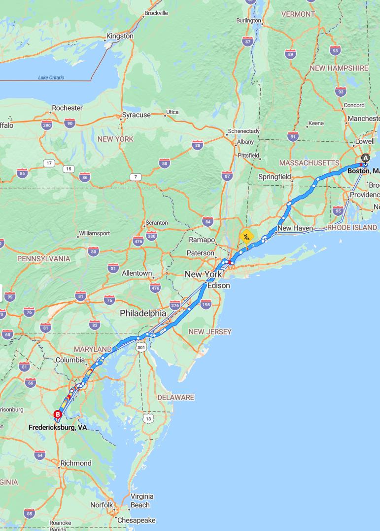 driving from Boston, Massachusetts to FredericksburgVirginia - map and route