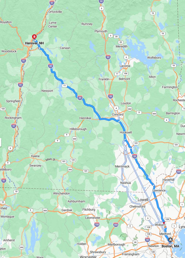 driving from Boston, Massachusetts to HanoverNew Hampshire - map and route
