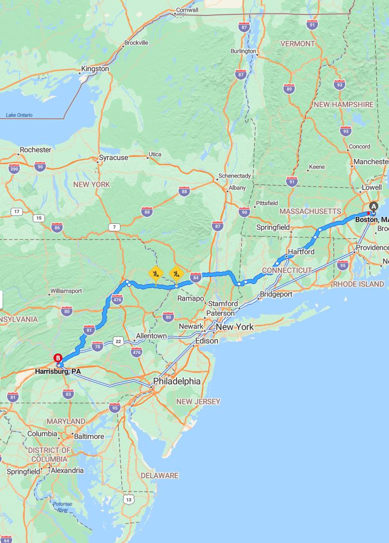 driving from Boston, Massachusetts to HarrisburgPennsylvania - map and route